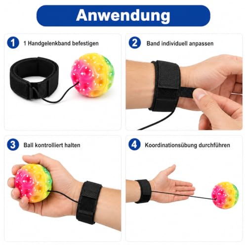 CYEER 12er Set Handgelenk- Bälle mit Schnur – 6,3cm Bunte Springbälle mit verstellbarem Armband – Ideale Mitgebsel für Kindergeburtstag, Koordinationstraining & Stressabbau – Regenbogen-Design