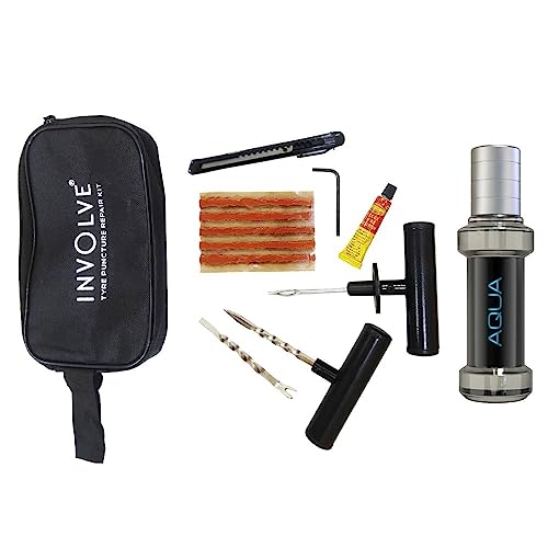 Image of INVOLVE 9 in 1 Universal Tubeless Tire Puncture Kit Emergency Flat Tire Repair Kit Tool with Element Aqua Spray Air Freshener (with Storage Bag) for Car, Bike, SUV, & Motorcycle Involve Accessories