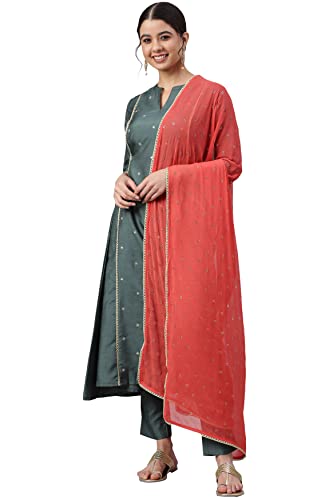 Image of Janasya Women's Dark Green Poly Silk Embellished Kurta with Pant and Dupatta