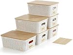 Bagnizer Small Plastic Storage Bins with Bamboo Lids 5.2qt Stackable Box Basket Pantry Decorative Containers Cute with Labels for Organizing Desktop Closet Office Cream White of 6 packs 10*7.2*4.1"