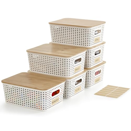 Bagnizer Small Plastic Storage Bins with Bamboo Lids 5.2qt Stackable Box Basket Pantry Decorative...