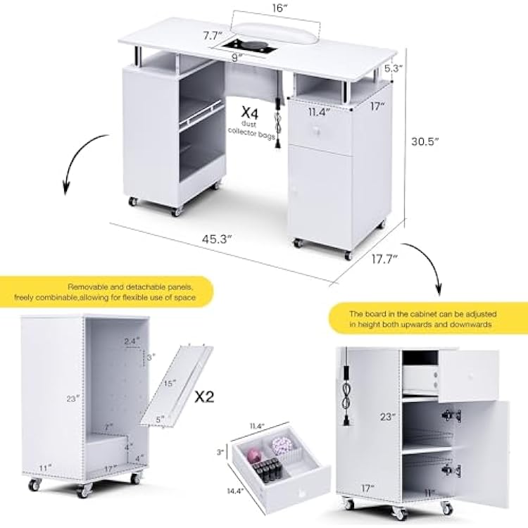 Manicure Table Nail Desk for Nail Tech, Acetone Resistant Beauty Salon Station with Dust Collector, Wrist Pad, Lockable Wheels, Drawer & Cabinet, White