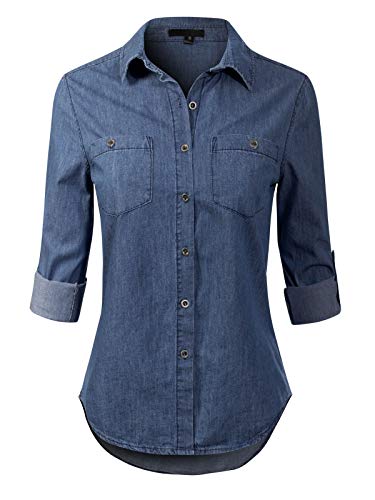 Design by Olivia Women's Basic Classic Roll up Sleeve Button Down Chambray Denim Shirt Dark Denim L