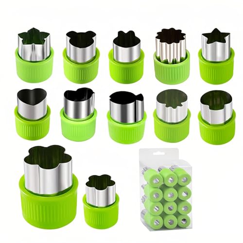 12-Piece Kids Cookie Cutters Set-Stainless Steel&BPA-Free Shapes for Baking (Bear,Rabbit,Star,Flower) DIY Cookies,Mini Pies,Fondant,Veggies|Dishwasher Safe,Gift for Toddlers & Parents (12, Green)
