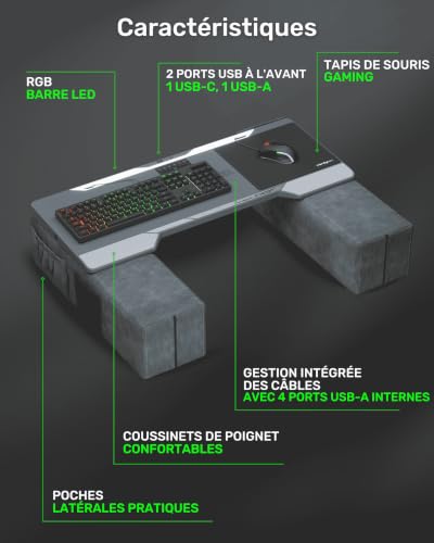 Couchmaster CYCON³ Grey HORIZONLIGHT Bar - Bureau Gaming Ergonomique pour canapé et lit - Hub USB et lapdesk Gaming - Grand et Stable (pour PC, PS4/5, Xbox One/Série X, Ordinateurs Portables) - 3
