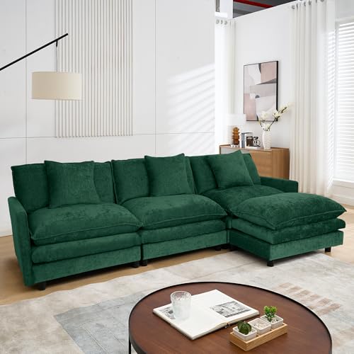 Modular Sectional Sofa,108.27'' Modern Corduroy Sofa Set for Living Room with 3 Seat & 1 Ottoman & 3 Pillows, Comfy Cloud Couches with Movable Ottoman, DIY Combination, Chenille (Beige, L Sh