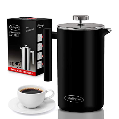 SterlingPro French Press Coffee Maker-Double Walled Large Coffee Press with 2 Free Filters- Granule-Free Coffee Stylish Rust Free Kitchen Accessory-Stainless Steel French Press 15 Black