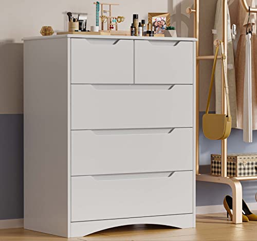 Gizoon 5 Drawers Chest, White Bedroom Drawer Dresser And Organizer With Large Storage Capacity, Embedded Handle, And Sturdy Anti-Tripping Device, Modern Design Cabinet For Hallway, Office, Living Room #TOP5