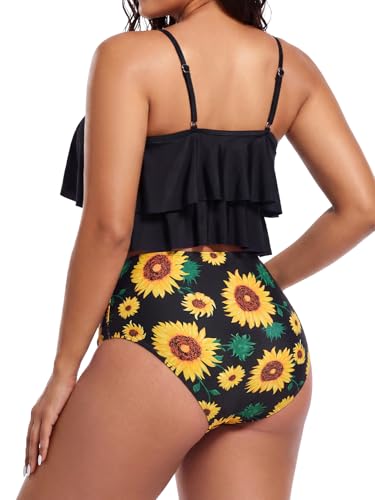 Image of Bathing Suits for Women High Waisted Swimsuits Tummy Control Two Piece Tankini Ruffled Top with Swim Bottom Bathing Suits