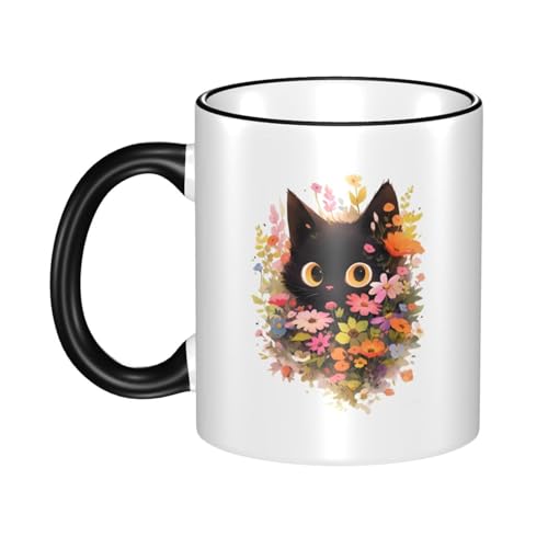 マグカップ コーヒーカップ 花 黒猫 ネコ柄 猫柄 耐熱カップ カップルカップ ペン立て 両面プリント 箱付き 直飲み 陶器 おしゃれ 大容量 330ml 誕生日 プレゼント