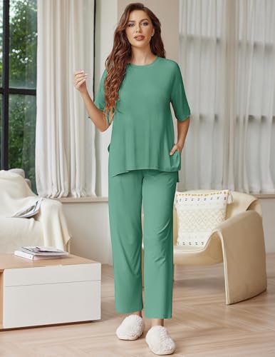 Image of Ekouaer Lounge Sets for Women Short Sleeve Tops and Long Pants Soft Comfy Pajamas Set 2 Piece Outfits
