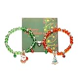 Juego de pulseras elásticas con cuentas de cristal rojo y verde para mujer, diseño de cascabel de Papá Noel, con colgante de corazón a juego, pulseras elásticas, regalos de joyería para parejas,