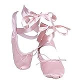 Satin Ballet Dance Shoes Full Suede Sole - Flat Slippers with Silky Ribbon Gymnastics Shoes for Child Adult Girls Women Pink