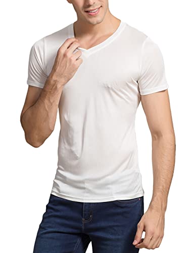 Grenasasilk Mens Mulberry Silk T-Shirts Short Sleeve Pure Silk Dress Tee Shirts Breathable & Moisture V-Neck Undershirt Top2