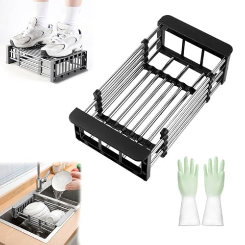 Cestino di scarico estensibile per lavello da cucina, cestello di scarico espandibile, scolapiatti sopra il lavandino, scolapiatti multifunzione in acciaio inox per scolare verdure, frutta e piatti