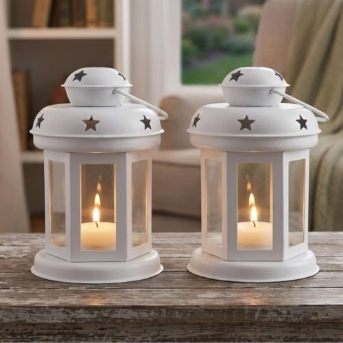 Image of Mini Metal Tea Light Lantern Set of 2 White Candle Holder Home Decor | Perfect for Living Room, Bedroom, Pooja Space, Festive Decor, Weddings, Housewarming & Gifting Ideal for Diwali, Wedding