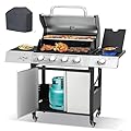 GIODIR 4-Burner Gas BBQ Grill with Cover, Silver Stainless Steel Barbecue Gas Grill with Side Burner and Bottle Opener for Outdoor Patio Garden Picnic Backyard Cooking, 50,000BTU, Silver
