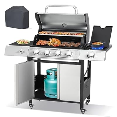GIODIR 4-Burner Gas BBQ Grill with Cover, Silver Stainless Steel Barbecue Gas Grill with Side Burner and Bottle Opener for Outdoor Patio Garden Picnic Backyard Cooking, 50,000BTU, Silver