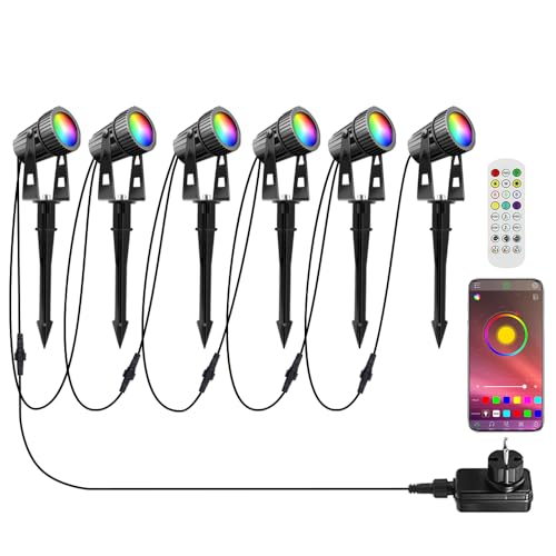 6 éclairage de jardin LED RGBW avec Timer Télécommande APP Dimmable projecteur de jardin blanc chaud COB avec piquet Spots LED Jardin Extérieur, 12V 20W...