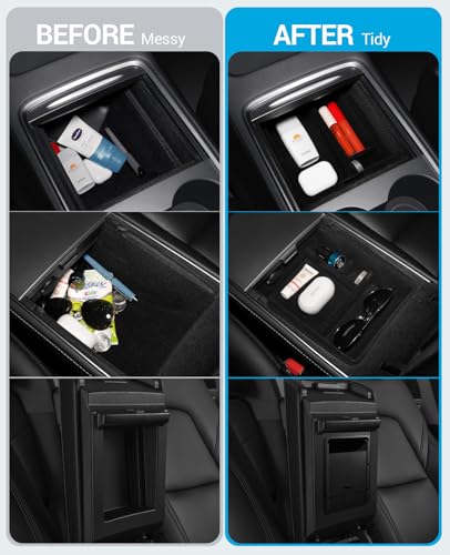 Motrobe 3PCS Tesla Model Y Model 3 Center Console Organizer Tray [Anti-Rattle Flocked] Armrest Hidden Storage Box Model Y 2021-2024 Model 3 2021-2023 Accessories [Not Fit 2024 Model 3 Highland] - Thumbnail 2