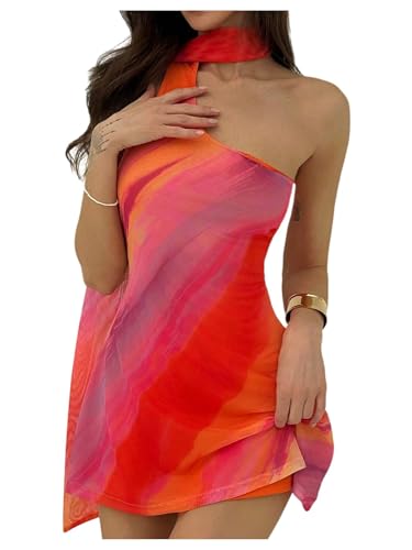 MakeMeChic Women's Mesh Tie Dye One Shoulder Mini Dress Backless Y2k Summer Dresses with Scarf
