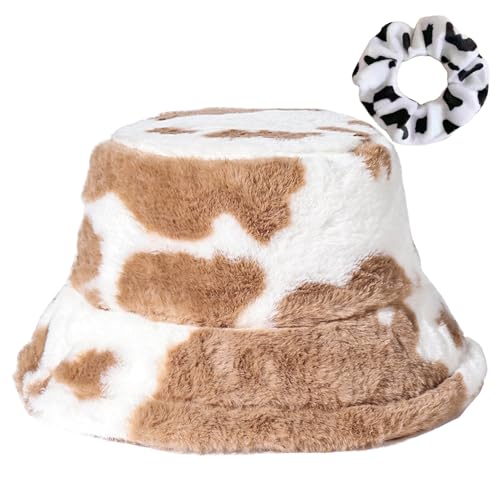 Winter Plush Bucket Hat for Women Cow Print Fuzzy Bucket Caps Casual Warm Faux Fur Fisherman Hats