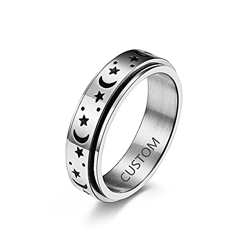 YLYYJ Personalized Star Moon Spinner Rings for Women Men 8mm Stainless Steel Fidget Anxiety Rings Relieving Stress Name Customized Engagement Promise Band Statement Jewelry,Free Engraving