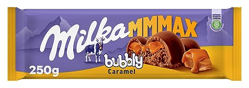 Milka MMMAX Bubbly Caramelo Tableta Grande de Chocolate con Leche de los Alpes, Aireado con Burbujas y Relleno Líquido de Caramelo, 250 g