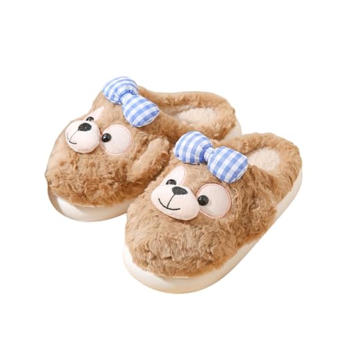 Cute little monkey home slippers, brown plush blue checkered bow, soft furry indoor winter shoes