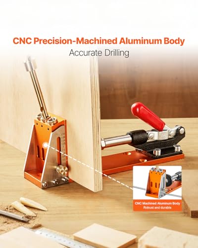 VEVOR Pocket Hole Jig Kit, Adjustable and Easy to Use Pocket Hole Jig System with Step Drills, Wrenches, Drill Stop Rings, Screws and Square Drive Bits, Dual Scale Marks, for DIY Carpentry Projects
