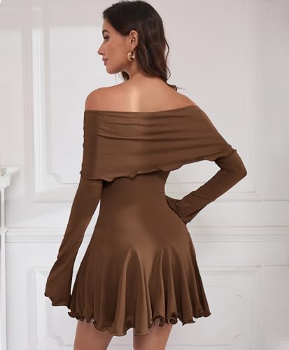 Image of Off The Shoulder Dresses for Women Long Slv Ruffle Bodycon Graduation Dress