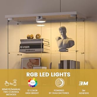 Darget Glass Display Cabinet 4-Shelf 2 Doors with LED Push Light Lockable Glass Display Case with 4mm Tempered Glass Floor-Standing Bookshelf for Bedroom, Living Room, White