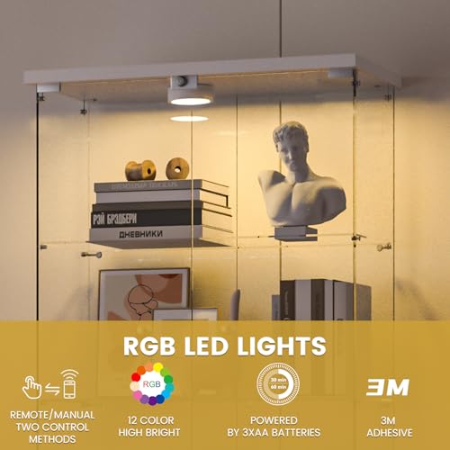 Darget Glass Display Cabinet 4-Shelf 2 Doors with LED Push Light Lockable Glass Display Case with 4mm Tempered Glass Floor-Standing Bookshelf for Bedroom, Living Room, White