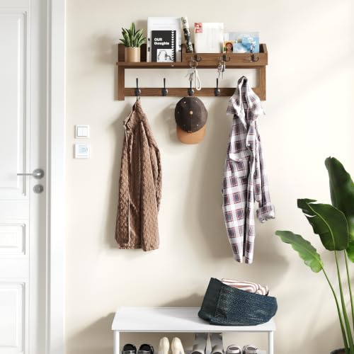 Image of AMBIRD Wall Hooks with Shelf, 26.57 Inch Entryway Wood Coat Hooks for Wall with Shelf, Coat Rack Wall Mount with 5 Dual Hooks 3 Key Hooks Mail Organizer and Key Rack Holder (Brown)