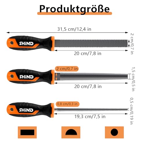 Holzraspel Set, 200 mm Feilenset Metall, 3 tlg Feilen Set inkl. Flachfeile Halbrundfeile und Rundfeile, Metallfeile, FrottierHolz Feilenset für Holzbearbeitung, Heimwerken, Handwerk