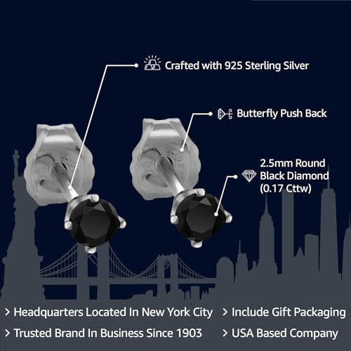 Gem Stone King 925 Sterling Silver Black Diamond Stud Earrings For Women Men | 0.17 Carat Cttw | Round 2.5MM2