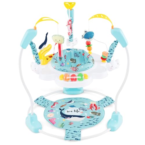 COSTWAY Aire d'éveil à Rebonds Bébé Forêt et Animaux avec 3 Hauteurs Réglables & 9 Jouets, Jumperoo Jungle Trotteur Bébé avec Musique & Lumière, Siège Rotatif 360°pour 6 Mois+