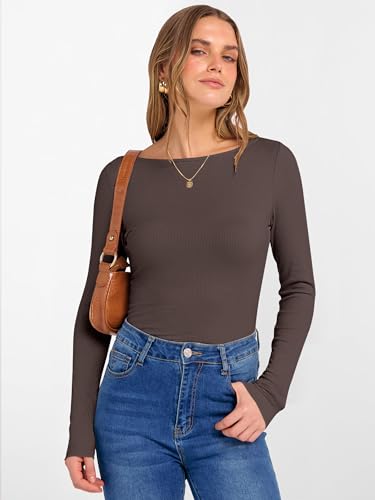 Image of ANRABESS Women's Boat Neck Long Sleeve Shirts Rib Knit Slim Fitting Tops Basic Tees 2026 Casual Comfy Fall Outfits Clothes