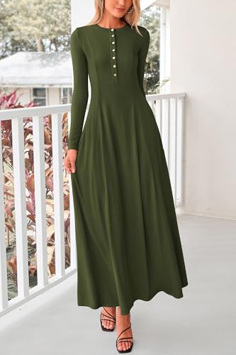 PRETTYGARDEN Maxi Dresses for Women 2025 Fall Casual Long Sleeve Button Fit and Flare Long Flowy Going Out Dress4