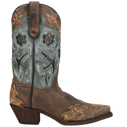 Dan Post Women's Blue Bird Floral Tooled-Inlay Snip Toe Traditional Cowboy Boots