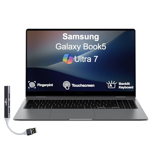 Image of Samsung Galaxy Book5 360 Copilot+ PC 2-in-1 Laptop 15.6 inch Touch OLED FHD | Intel Ultra 7-256V, 16GB LPDDR5X, 2TB SSD, Backlit, FingerPrint, Win 11 Pro) w /DKZ USB Port Expander
