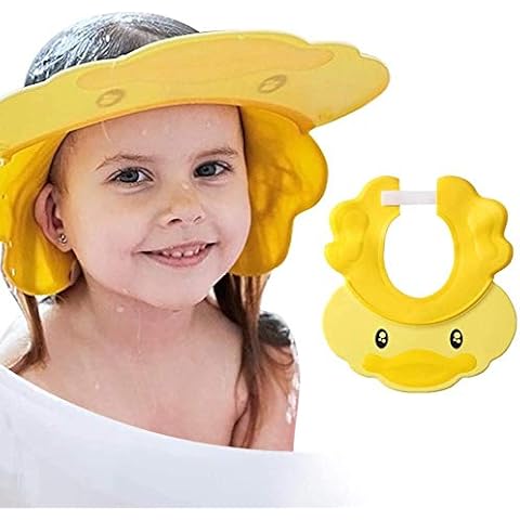 Maydolly Hair Washing Shampoo Shield, Adjustable Baby Bath Visor Shower Cap for Kids Head Size 38cm-60cm Yellow Duck Cover
