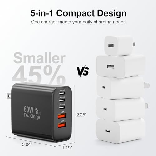 Image of USB C Charger Block, 60W 5-Port Type C Charger Fast Charging Blocks | USBC Multiple Port Wall Charger Plug for iPhone 17 /16 /15 /14 /13 /12 /11 Pro Max, Samsung Galaxy, Android Phone, iPad, Black