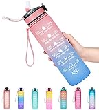 Giotto 32oz Large Leakproof BPA Free Drinking Water Bottle with Time Marker & Straw to Ensure You Drink Enough Water Throughout The Day for Fitness and Outdoor Enthusiasts-Ombre Pink Blue