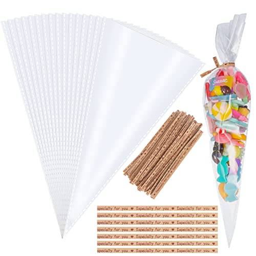 Xinzistar Sachet Bonbon, 100 Pcs Sacs Cellophane Cône Bonbons Sacs à Cône Transparent Sacs-Cadeaux pour Anniversaire Fête Chocolate Candy Biscuits Savon Serre-câbles d'étanchéité, 13 * 25cm