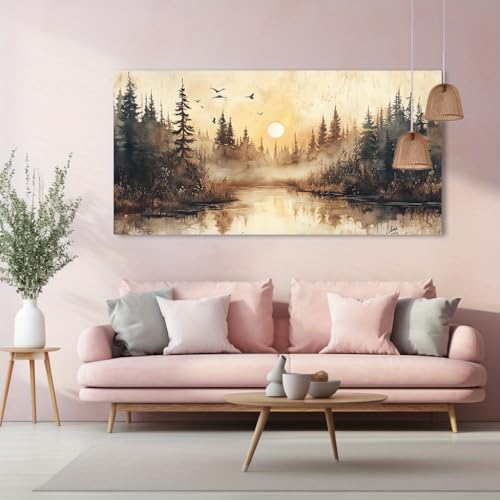 Tableau abstrait coucher de soleil forêt 60x140cm déco murale grand format
