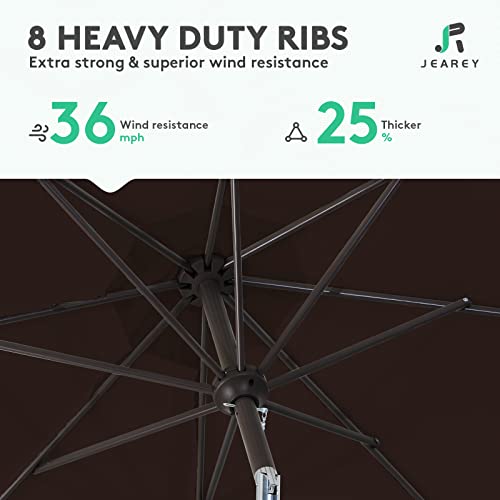 Image of JEAREY 9FT Outdoor Patio Umbrella Outdoor Table Umbrella with Push Button Tilt and Crank, Market Umbrella 8 Sturdy Ribs UV Protection Waterproof for Garden, Deck, Backyard, Pool (Brown)