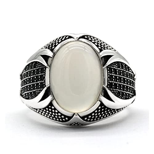 Bagues Bijoux Bague for homme islamique en argent sterling 925 avec pierre d'agate blanche naturelle avec double épée noire CZ Bagues musulmanes Bijoux religieux Bagues cadeaux (Gem Color : Black, Rin