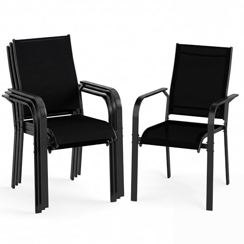 Image of Giantex Patio Chairs Set of 4, Stackable Outdoor Dining Chairs with Breathable & Quick-Dry Mesh Fabric, Armrests, Backrest for All Weather, Lawn, Backyard, Poolside, Porch, 350 LBS Capacity