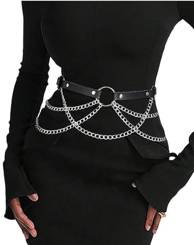 WARANDOD Black PU Leather Belt Emo Punk Grunge Gothic Belt with Chains Gothic Waist Belt Goth Chain Belt Punk Accessories for Women(Fit Waist 24.8-33.46in)